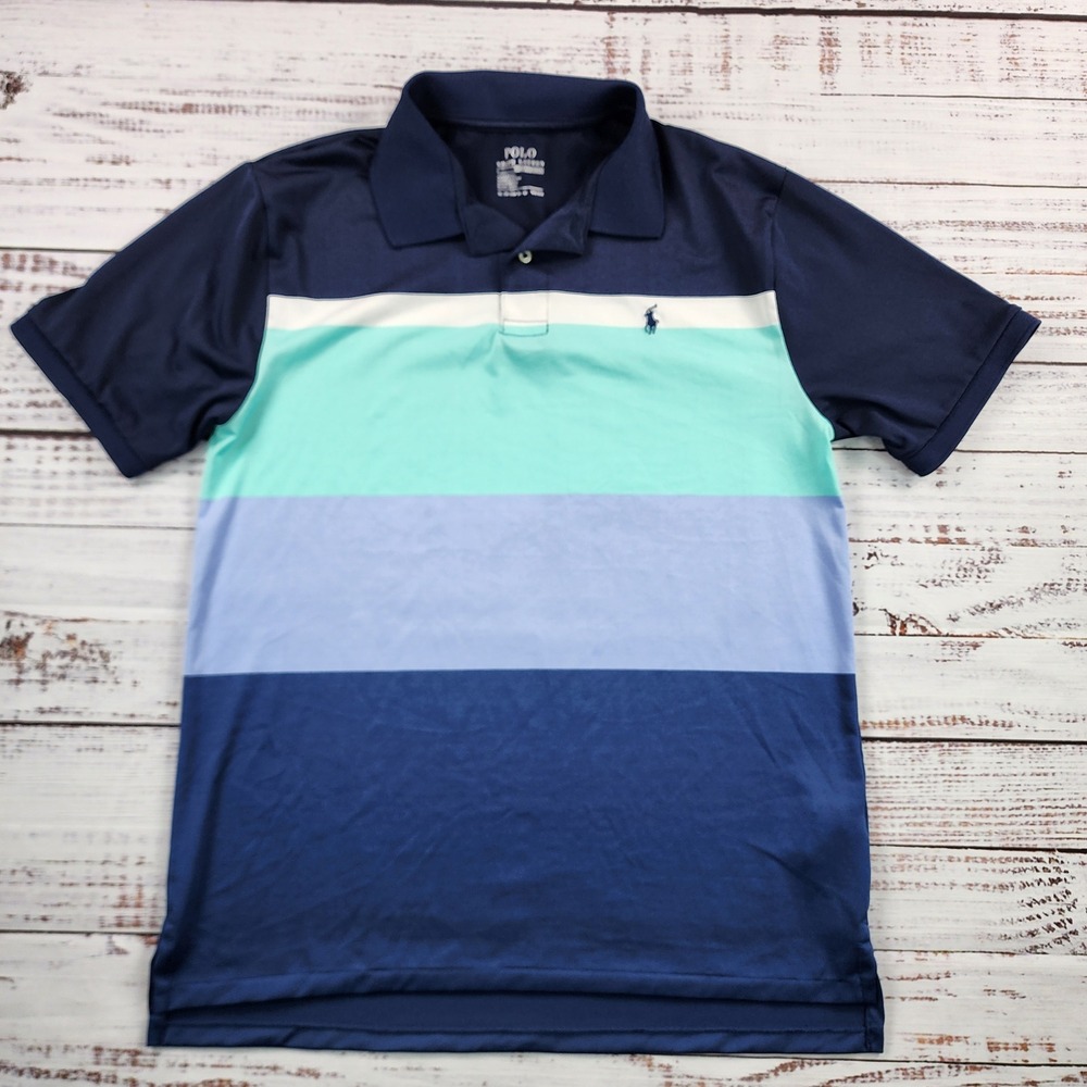 Polo Ralph Lauren Performance Polo Shirt Boys XL 18-20 Navy Aqua Colorblock